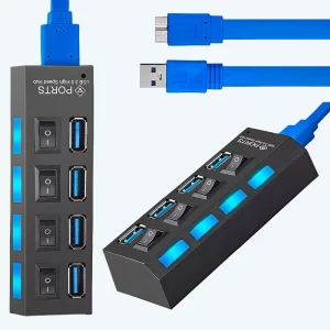 Hub USB 3.0 de 4 Puertos con Switch Independiente – Interruptor On/Off por Puerto